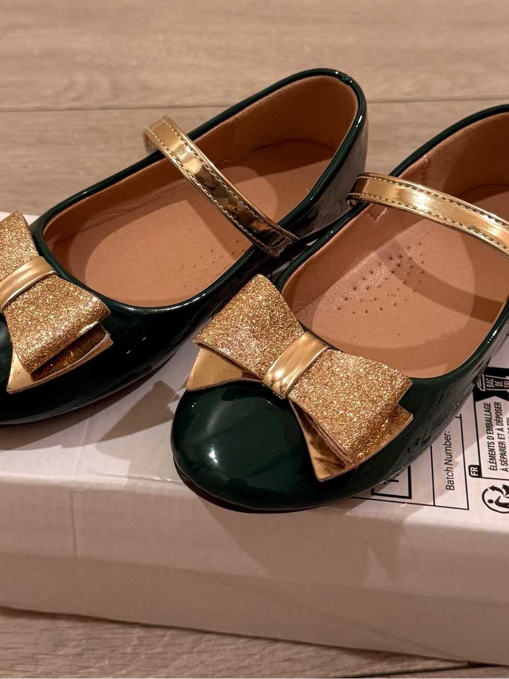Girls Dark Green Mary Jane Flats with Gold Bow